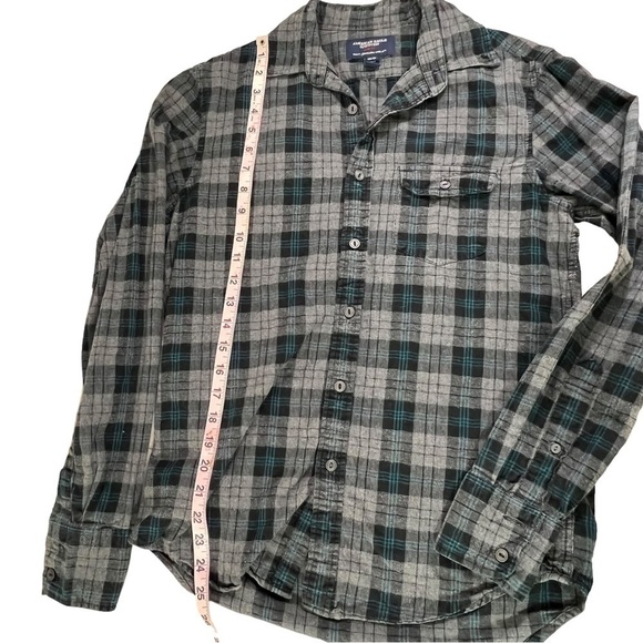 AMERICAN Eagle Black Teal Plaid Button Down Flannel Long Sleeved Shirt Slim Fit - Picture 5 of 8